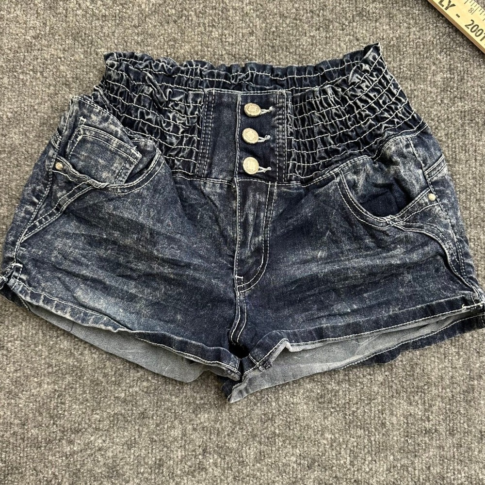Almost Famous Denim Shorts Womens Size 11 Blue Acid Wash Smocked Paperbag Waist